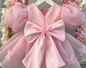 Pink First Birthday Tutu Dress, Toddler Party Outfit, Wedding Pearl Flower Girl Dress