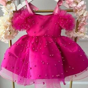 Baby First Birthday Tutu Dress, Fushia Baby Girl Party Dress, Flower Girl Pearl Dress, Baby Ball Gown Dress, Special Occasion Dress