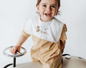 Baby Boy Bear Romper, Linen First Birthday Outfit, Embroidered Toddler Clothes