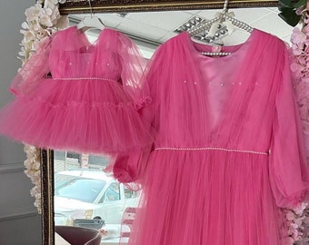 Pink Tulle Matching Mom and Me Tutu Wedding Guest Dress,Mommy and Me Outfits, Mommy and Me Dresses, Dresses for Photoshoot