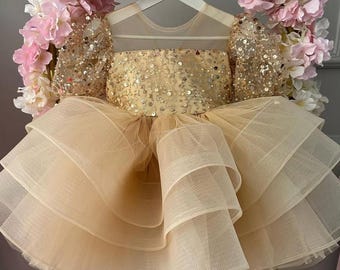 Gold Sequin Flower Girl Dress: Champagne Tulle Puffy Birthday Outfit