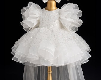 Vestido de cumpleaños de tul con lentejuelas blancas: traje para niña de las flores, vestido de bautizo