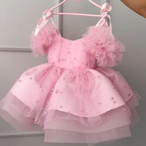 Vestido de dama de honra rosa, roupa de menina rosa, vestido rosa para festa de 1º aniversário, vestido formal de pérolas para menina das flores rosa, vestido de baile para menina
