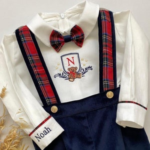 Personalized Baby Boy Christmas Outfit: Organic Cotton Suspender Suit