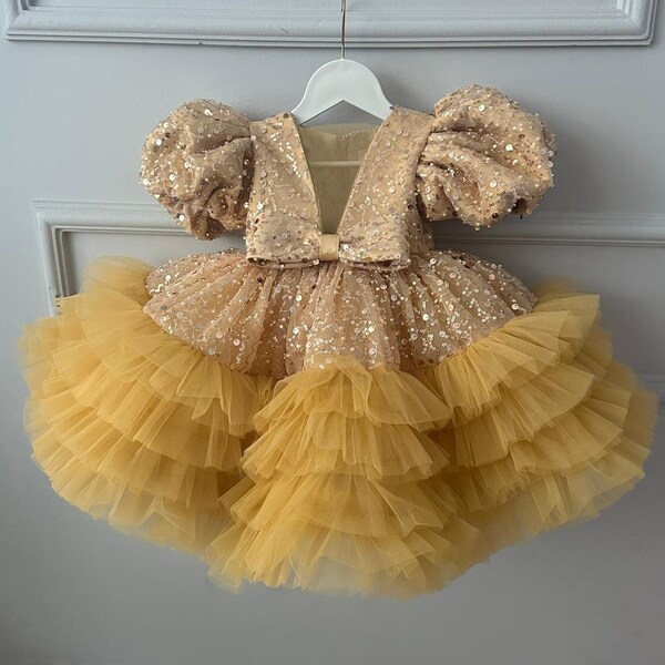 Gold Dusty Sparkling Girl Dress with Gold Sequin, Puffy Sparkling Toddler Kids Dress, Wedding Gown, Birthday Outfit, Tulle Dress