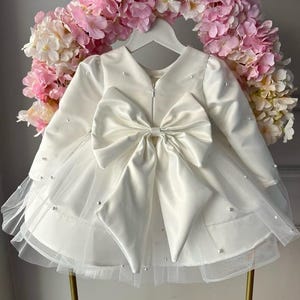 White Satin Flower Girl Big Bow Dress, Baby Baptism Dress, Ivory Girl Dress, Pearl Tulle Wedding Dress, 1st Birthday Dress, Communion Dress