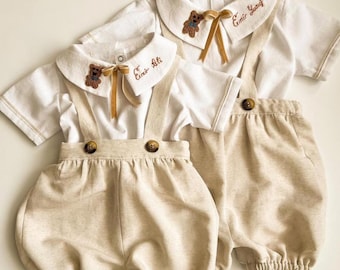 Personalized Linen Baby Boy First Birthday Outfit, Teddy Bear Christening Set