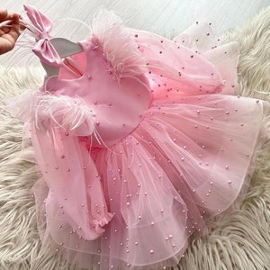 Elegant Toddler Evening Dress with Pearl Details, Flower Girl Pearl Dress, Special Occasion Dress, Big Bow Dress, Prom Dress, Tulle Dress