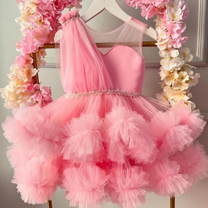 Pink Flower Girl Puffy Dress, Baby Sequin Dress, Blush Flower Girl Dress, Girl Ball Gown Dress, First Birthday Dress, Toddler Party Dress