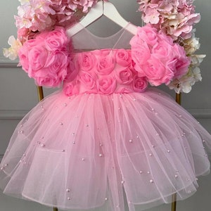 Pink 1st Birthday Dress, Flower Girl Pearl Dress, Wedding Dress, Baby Prom Dress, Princess Dress, Fancy Dress, Baby Tutu Dress