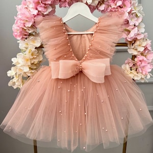 Handmade Tulle Party Dress: Powder Pearl Bow, Baby