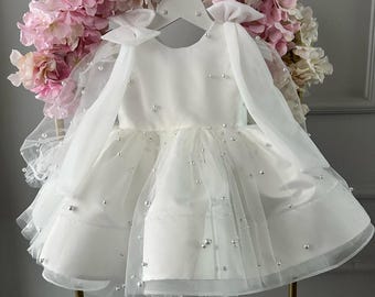 White Tulle Baptism Dress with Pearls: Christening Gown, Baby Girl Special Occasion Wear
