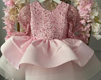 Roze gegolfde pailletten meisje jurkje, bloemenmeisje jurk, gezwollen roze jurk, baby meisje 1e verjaardag jurk, peuter verjaardag jurk