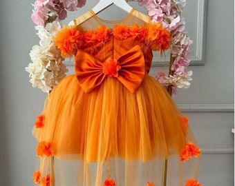 Orange Tulle Puffy Dress: Floral Train, Handmade Flower Girl Outfit