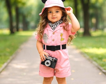 Toddler Girl Safari Outfit: Pink Romper, Minnie Ears Hat, Toy Camera