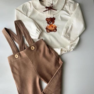 1st Birthday Boy Outfit, Bear Theme Baby Boy Suit, Toddler Suspender Pants with Shirt, Baby Boy Embroidered Suit Set, Baby Clothes