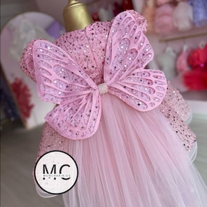 Vestido rosa de mariposa para niña, vestido de mariposa con alas para bebé, vestido de tutú para primer cumpleaños, vestido de niña de las flores con vuelo, vestido para ocasiones especiales