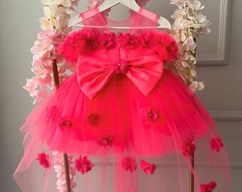 Pink Flower Girl Dress,Toddler Baby Party Dress,Girl Tulle Dress,1st Birthday Dress,Junior Bridesmaid Dress