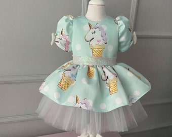 Unicorn Birthday Dress, Baby Girl Flower Dress, Girl Special Occasion Dress,Rainbow Unicorn Girls Costume,Unicorn Theme Birthday Gown