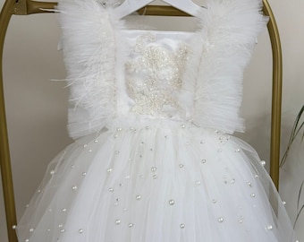 White Tutu Flower Girls Dress,Baby Girl White Pearls First Birthday Dress,Girl Special Occasion Dress,Photo Shoot Dress,Baby Baptism Dress