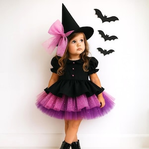 Handmade Girls Witch Costume: Black Tutu Dress & Purple Bow