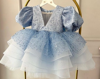 Ball Gown for Girls, Fancy Blue Sequin Girl Dress,1st Birthday Party Dress, Flower Girl Princess Dress, Photo Session Gown