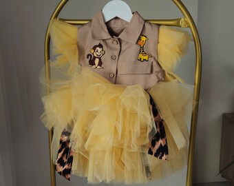 Personalized Tutu Safari for Girls with Hair Clip *Safari Adventure Girl Costume*Safari Brown, Yellow Suit*Toddler Tutu Safari