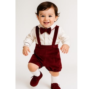 Gepersonaliseerde kerstoutfit voor babyjongen, bordeauxrode fluwelen jarretelset
