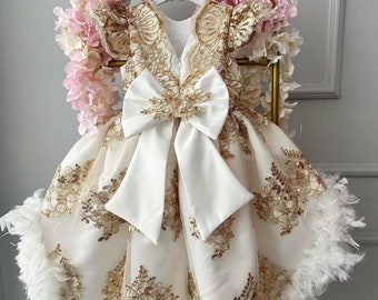 Girl Luxury Gold Sequin Dress, Flower Girls Dress, Fancy Puffy Gold Dress,Baby Girl Birthday Dress, Girl Ballgown Dress