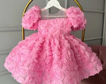 Birthday Girl Dress, Pink Flower Girl Dress, Puffy Pink Toddler Dress, Baby Girl Outfit, Wedding Girl Gown