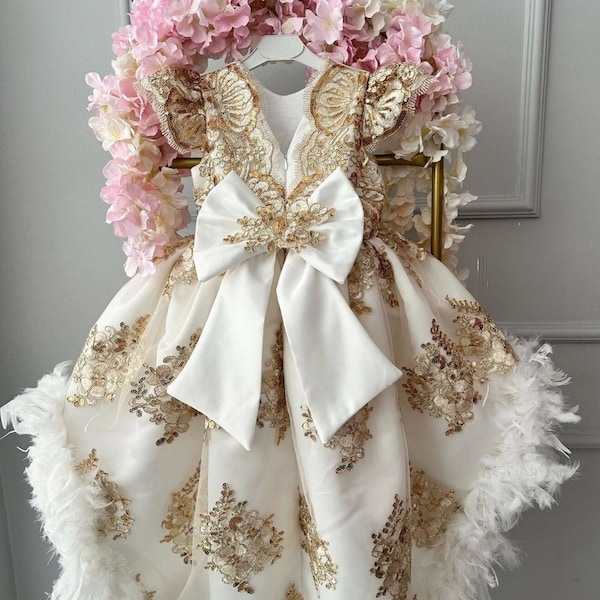 Girl Luxury Gold Sequin Dress, Flower Girls Dress, Fancy Puffy Gold Dress,Baby Girl Birthday Dress, Girl Ballgown Dress