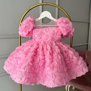 Birthday Girl Dress, Pink Flower Girl Dress, Puffy Pink Toddler Dress, Baby Girl Outfit, Wedding Girl Gown