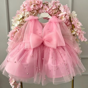 Pink Birthday Tutu Dress, Toddler First Birthday Dress, Wedding Pearl Dress, Pink Flower Girl Dress, Baby Prom Dress