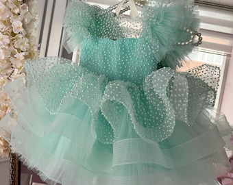 Robe turquoise pour bébé fille, Robe pour premier anniversaire de bébé, Robe bébé fille en tulle à fleurs, Pour une occasion spéciale, Robe de princesse pour fille