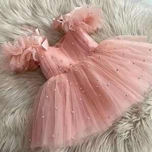 Powder Baby Girl Outfit, 1st Birthday Party Powder Dress, Formal Baby Powder Flower Girl Pearls Dress, Toddler Ballgown Style Dress zdjęcie 1