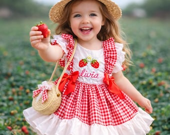 Strawberry Gingham Dress with Hat and Bag, Berry First Birthday Outfit