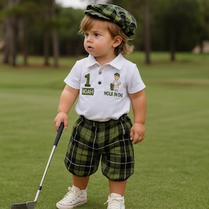 Personalized Kids Golf Caddy Outfit: Embroidered Polo, Plaid Shorts, Cap