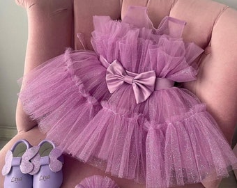 Formal Glitter Lilac dress for girls with shiny bow and transparent long sleeves, First Birthday Dress,Baby Special Occasion dress