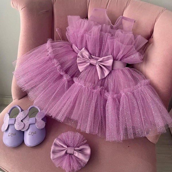 Formal Glitter Lilac dress for girls with shiny bow and transparent long sleeves, First Birthday Dress,Baby Special Occasion dress