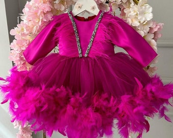 Fuchsia Girl Dress for Special Occasion, Birthday Girl Dress, Girl Fuchsia Feathers Dress, Wedding Flower Girl Dress, Baby Ball Dress