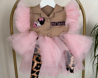 Personalized Mickey Mouse Inspired Tutu Pink Dress, Pink Personalized Safari Outfit for Baby Girl, Toddler Safari Birthday Outfit