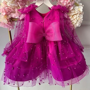 Vestido de tul para niña, vestido de fiesta de cumpleaños fucsia, vestido de fiesta de primer cumpleaños, vestido de novia con perlas, vestido de niña de las flores de tul, vestido de gala, vestido de princesa