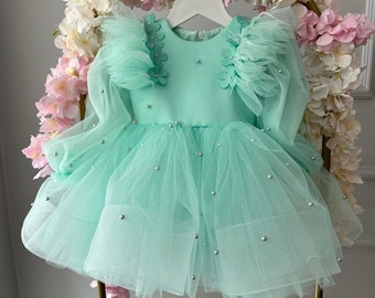 Green Tulle Birthday Flower Dress, Baby Girl Birthday Dress,Girl Prom Dress, Photoshoot Dress, Photoshoot Tulle Dress, Toddler Outfit