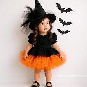 Baby Witch Halloween Costume: Orange Tutu, Black Gothic Dress & Hat