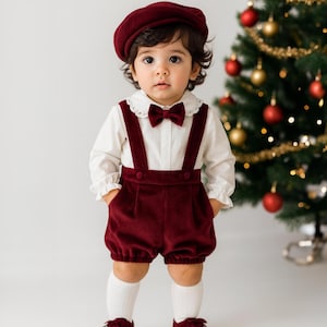 Conjunto personalizado para bebé niño: camiseta de tirantes de terciopelo burdeos, camisa con nombre personalizado en la manga, set de fotos navideñas para niño pequeño con pajarita
