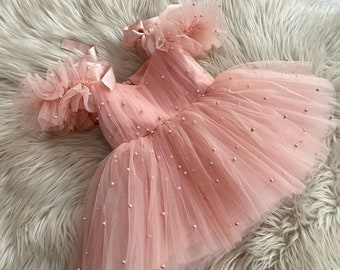 Powder Baby Girl Outfit, 1st Birthday Party Powder Dress, Formal Baby Powder Flower Girl Pearls Dress, Toddler Ballgown Style Dress