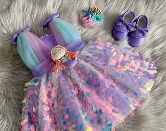 Costume violet inspiré de bébé sirène, robe 1er anniversaire, tenue sirène bébé fille, robe Tutu sirène, tenue pour tout-petit