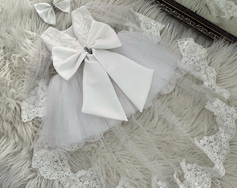 Baby meisje eerste verjaardag jurk, baby meisje doopjurk, bloemenmeisje jurk, witte bruiloft Tule jurk, gelegenheid feestjurk