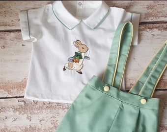 Tenue de lapin de Pâques pour bébé, tenue d'anniversaire verte pour bébé garçon, costumes de lapin pour bébé garçon, ensemble de tenue de Pâques brodée lapin pour bébé garçon