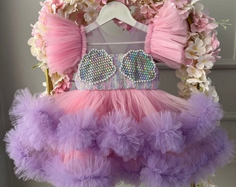 Mermaid Girl Pink Dress, Toddler Birthday  Mermaid Outfit, Ariel Themed Dress, Mermaid Theme Party, Girl Tutu Dress, Cake Smash Dress